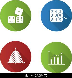 Mathematics flat design long shadow glyph icons set. Number theory, statistics, coordinate system, dices. Vector silhouette illustration Stock Vector