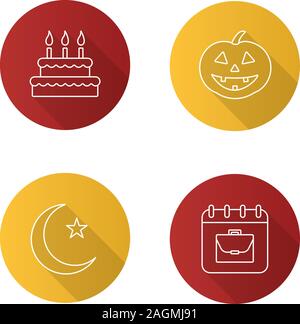 Holidays flat linear long shadow icons set. Birthday, Labour Day, Ramadan, Halloween. Vector outline illustration Stock Vector
