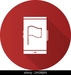 Smartphone screen with flag flat design long shadow glyph icon. GPS navigation app. Vector silhouette illustration Stock Vector