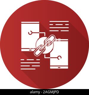 Link sharing flat design long shadow glyph icon. Hyperlink. Data transfer. Phones connection. Vector silhouette illustration Stock Vector
