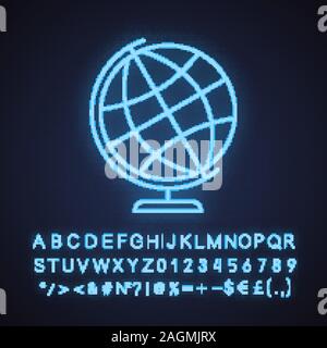 School globe neon light icon. Earth spherical model. Glowing sign with alphabet, numbers and symbols. Vector isolated illustration Stock Vector