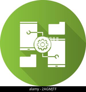 Smartphone settings flat design long shadow glyph icon. File manager. Phones with cogwheel. Vector silhouette illustration Stock Vector