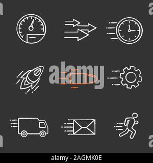 Motion chalk icons set. Speed. Flying clock, startup, bullet, cogwheel, van, mailing, running man, speedometer, arrows.  Isolated vector chalkboard il Stock Vector
