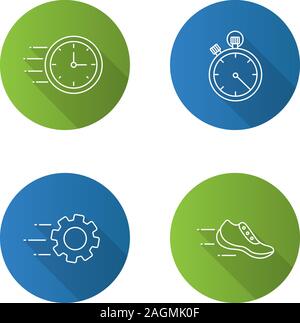 Motion flat linear long shadow icons set. Speed. Flying clock, stopwatch, gear, sneaker. Vector outline illustration Stock Vector