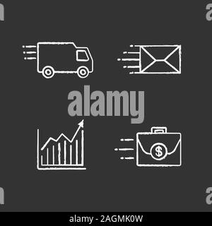 Motion chalk icons set. Speed. Delivery van, mailing, growth chart, flying briefcase. Isolated vector chalkboard illustrations Stock Vector