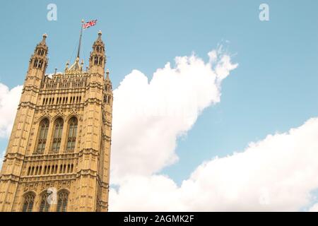 August 21, 2019 – Westminster, London, United Kingdom. The Houses of Parliament sit on the River Thames, the building that governs the rest of the Uni Stock Photo