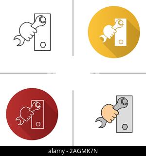 Hand holding wrench icon. Double open ended spanner turning bolt. Flat design, linear and color styles. Isolated vector illustrations Stock Vector