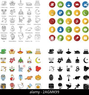 Holidays icons set. Seasonal holidays of different countries. Greeting card ideas. Linear, flat design, color and glyph styles. isolated vector illust Stock Vector