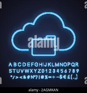Cloud storage folder neon light icon. Cloud computing. Glowing sign with alphabet, numbers and symbols. Vector isolated illustration Stock Vector