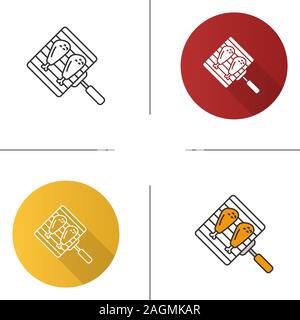 Hand grill with chicken legs icon. Grilled turkey drumsticks. Flat design, linear and color styles. Isolated vector illustrations Stock Vector