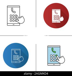 Hand dialing phone number icon. Smartphone keypad. Flat design, linear and color styles. Isolated vector illustrations Stock Vector