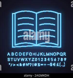 Open book neon light icon. Open textbook. Reading. Glowing sign with alphabet, numbers and symbols. Vector isolated illustration Stock Vector