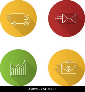 Motion flat linear long shadow icons set. Speed. Delivery van, mailing, growth chart, flying briefcase. Vector outline illustration Stock Vector