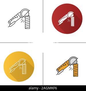 Angle grinder machine polishing wooden plank icon. Flat design, linear and color styles. Isolated vector illustrations Stock Vector