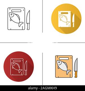 Cutting board with fish and knife icon. Flat design, linear and color styles. Isolated vector illustrations Stock Vector
