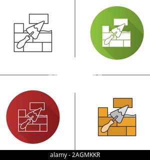 Brick wall with triangular shovel icon. Putty knife, spatula. Cement solution. Flat design, linear and color styles. Isolated vector illustrations Stock Vector