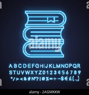 Books stack neon light icon. School textbooks with bookmarks. Library. Glowing sign with alphabet, numbers and symbols. Vector isolated illustration Stock Vector