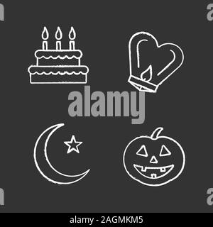Holidays chalk icons set. Birthday, Lantern Festival, Ramadan, Halloween. Isolated vector chalkboard illustrations Stock Vector
