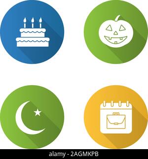 Holidays flat design long shadow glyph icons set. Birthday, Labour Day, Ramadan, Halloween. Vector silhouette illustration Stock Vector