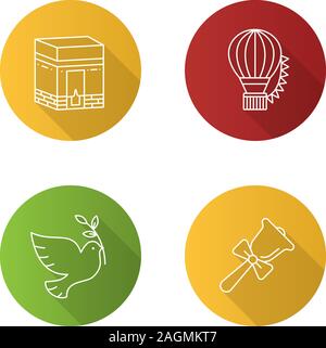 Holidays flat linear long shadow icons set. Knowledge Day, Hajj, Festival of Balloons, Earth Day. Vector outline illustration Stock Vector