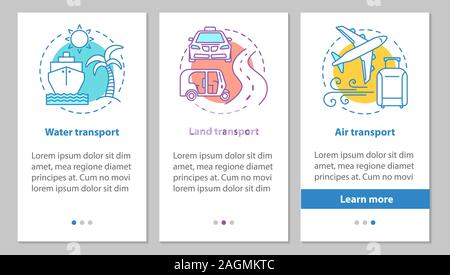 Modes of transports onboarding mobile app page screen with linear concepts. Land, air and water transportation steps graphic instructions. UX, UI, GUI Stock Vector