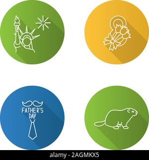 Holidays flat linear long shadow icons set. July 4th, Father's and Groundhog Days, March 8th. Vector outline illustration Stock Vector