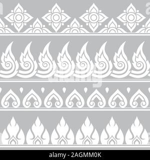 Seamless vector Thai retro pattern, repetitive design from Thailand - folk art style in gray and white Stock Vector