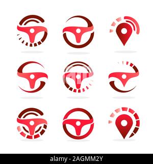 Car Steering Wheel set, abstract logo template. Navigation map icons. Automotive vector illustration. Stock Vector