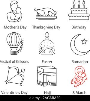 Holidays linear icons set. Mother's and Valentine's Days, Birthday, Festival of Balloons, Easter, Ramadan, Hajj, March 8th, Thanksgiving Day. Thin lin Stock Vector