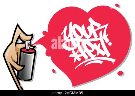 Cartoon hand holding an aerosol spraying a graffiti paint heart text banner. Valentines Day vector illustration isolated on white background. Stock Vector