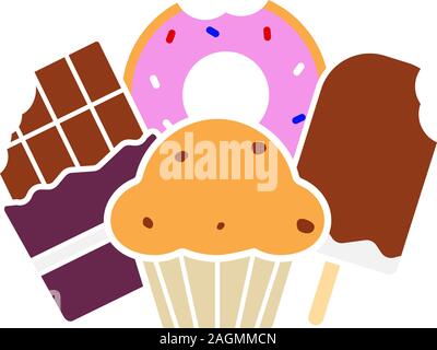 Sweets glyph color icon. Confectionery. Chocolate bar, doughnut, muffin with raisins, ice cream. Silhouette symbol on white background with no outline Stock Vector