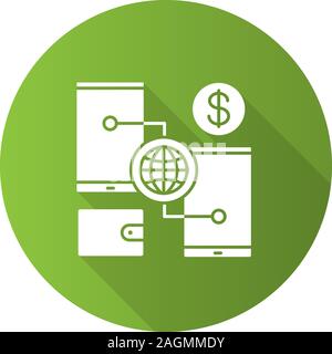 Digital wallet flat design long shadow glyph icon. Online banking transactions. Cashless payment. Vector silhouette illustration Stock Vector