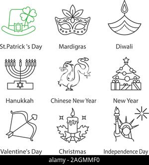 Holidays linear icons set. St. Patrick's Day, Mardi Gras, Diwali, Hanukkah, Chinese New Year, Valentine's Day, July 4th, Christmas. Thin line contour Stock Vector
