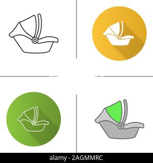 Baby car seat icon. Infant safety seat. Child restraint system. Flat design, linear and color styles. Isolated vector illustrations Stock Vector