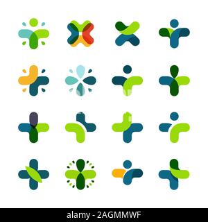 Vector set of medical logo icons with cross. Collection of signs with plus symbol. Vector illustration. Stock Vector