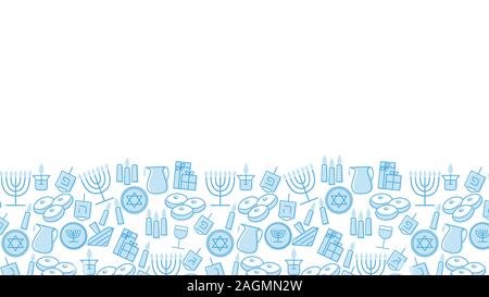 Hanukkah blue background with copy space. Jewish Festival of light. Vector illustration with holiday candles, dreidels, Hebrew letters and David stars. Stock Vector