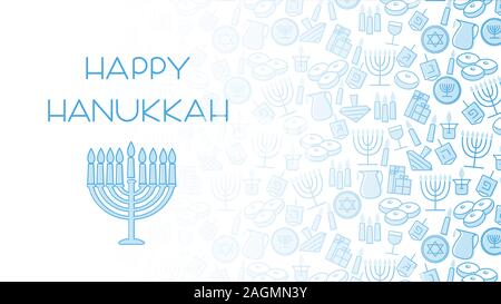 Hanukkah blue background with holiday candles, dreidels, Hebrew letters and David stars. Vector illustration for Jewish Festival of light. Stock Vector