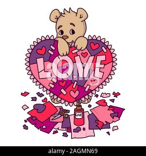 Valentines day greeting card with teddy bear with scrapbook heart. 14 february greeting card with hearts. Vector illustration isolated on white backgr Stock Vector