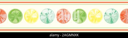 Border design with painterly slices of citrus fruit in yellow. orange, green and pastel blue. Seamless vector pattern on white background with striped Stock Vector