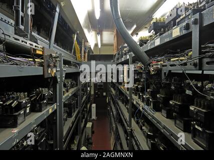 Old style 1950s British Rail Signal Box Relay Room - generally under main box - banks of Wespac algorithmic electronic relays at Crewe Stock Photo