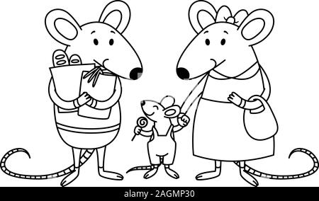 Rat family. Dad holds packages with purchases from the store, mom holds a child by the hand, a little boy with candy. Cartoon animal character vector Stock Vector