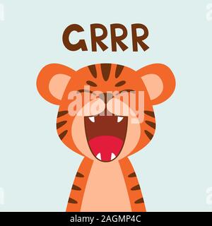 Flat cute tiger open mouth roar. Trendy Scandinavian style. Cartoon animal character vector illustration isolated on background. Print for kids appare Stock Vector