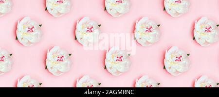 Creative geometric pattern with white peony flowers on pink background Stock Photo