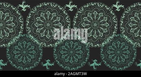 seamless vector border print with mandalas ornament on a dark background Stock Vector