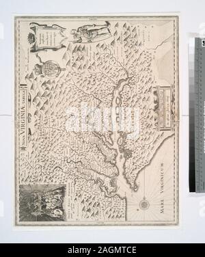 Derivative of John Smith's map of Virginia, State 1.--Burden. Lawrence H. Slaughter Collection ; 85. National Endowment for the Humanities Grant for Access to Early Maps of the Middle Atlantic Seaboard. Oriented with north towards the right. Relief shown pictorially. Citation/Reference: Burden, P.D. Mapping of North America, 193 Includes ill. and coat-of-arms. Citation/Reference: Tooley, R.V. Mapping of America, p. 161; Nova Virginiae tabvla Stock Photo