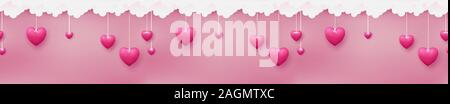 Horizontal seamless consists of pink hearts are hanging by paper craft clouds on pastel pink background Stock Vector
