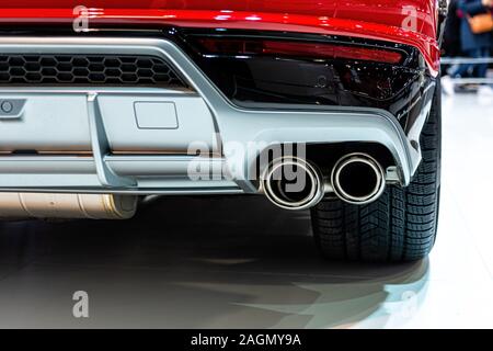 Expensive luxury sports SUV with dual exhaust. Exterior detail close-up - image Stock Photo