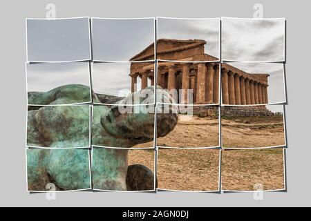 The Temple of Concordia was built about 440 to 430 BC. In the foreground lies the statue of the fallen Icarus, Agrigento, Sicily, Italy, Europe Stock Photo