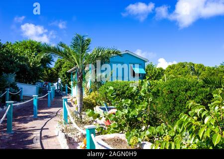 Colorful tropical cabana or shelter on the beach of Half Moon Cay Stock Photo