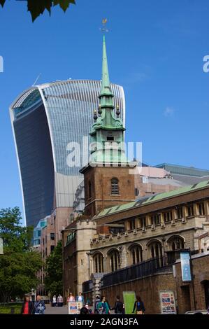 London City Skyline. Old and modern buildings. Sky garden and All Hollows by the Tower. Stock Photo